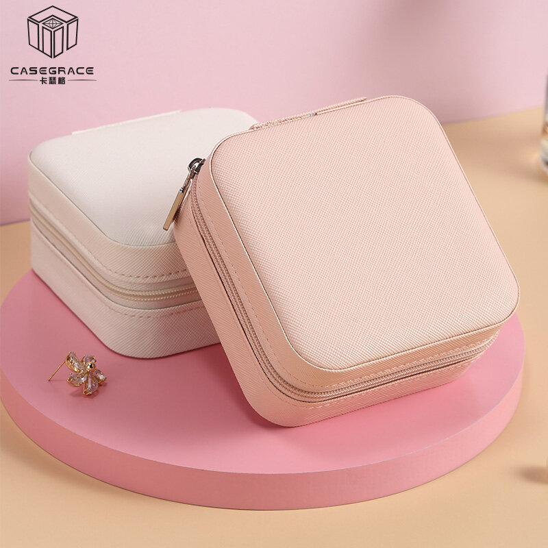 Casegrace Hộp Đựng Trang Sức Cầm Tay, Hộp Đựng Trang Sức Du Lịch Bằng Da PU Mini Cho Bông Tai Vòng Cổ Một Lớp, Nhung