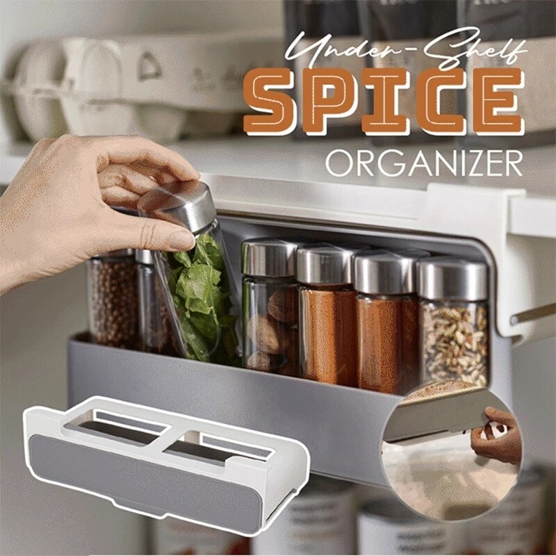 Gambar Home Kitchen Self adhesive Wall mounted Under Shelf Spice Organizer Spice Bottle Storage Rack Kitchen Supplies Storage