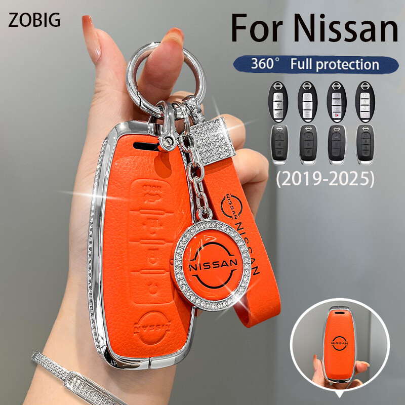 ZOBIG Diamond Zinc alloy leather Key Fob Cover for Nissan Car Key Case Shell with Keychain Fit For Nissan Leaf Urvan Almera 370Z Livina Terra Patrol Royale Sylphy tenan Kicks X-Trai Navara Serena ราคา 449 บาท*ส่งฟรี