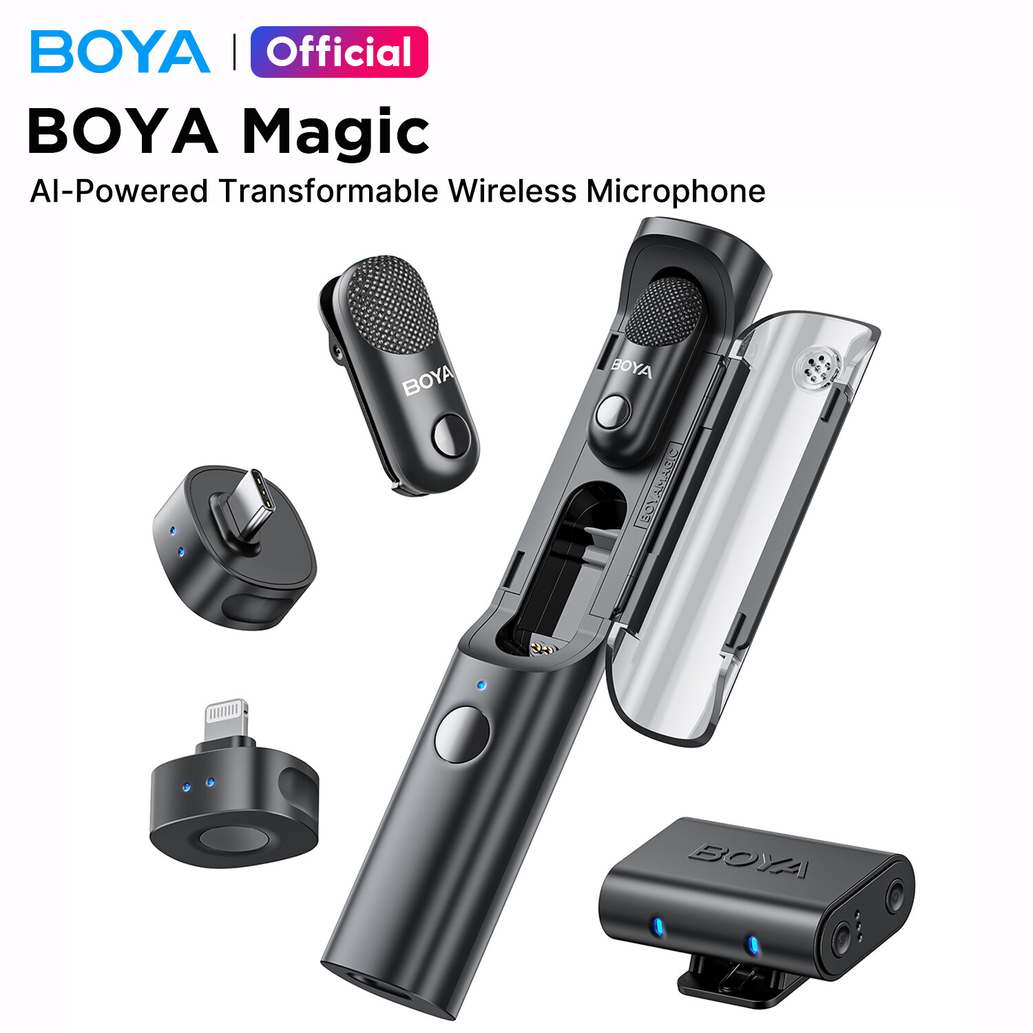 BOYA Magic 4 Forms in 1 Transformable Wireless Microphone AI Noise Cancelling Mic Lapel Mini Microphone for Vlogging iPhone Android PC DSLR Camera