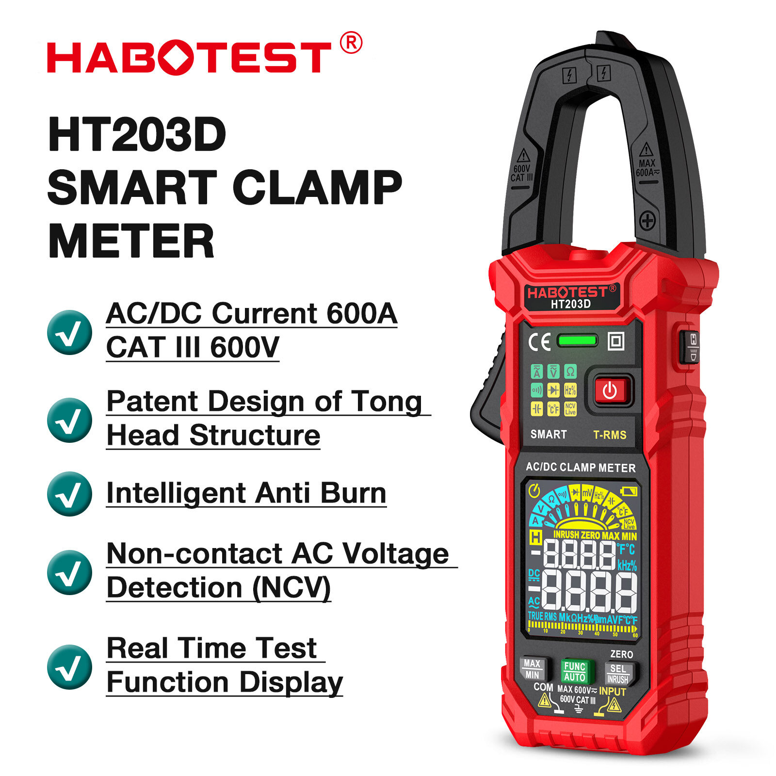 Habotest ht203d đồng hồ vạn năng đồng hồ kẹp đo điện kỹ thuật số đồng hồ vạn năng 600a ac/dòng điện một chiều và 600v ac/dc vôn kế với ampe ohm liên tục hz tester vôn kế