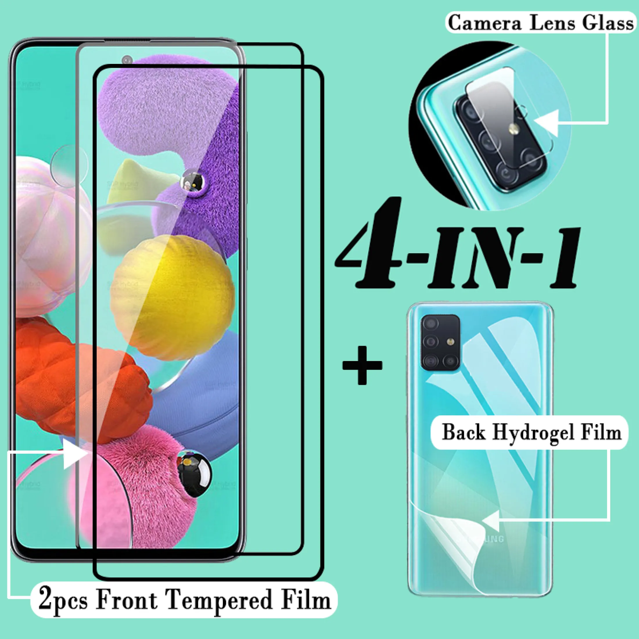 4 In 1 2pcs Tempered Glass Back Hydrogel Film Camera Lens Glass For Samsung Galaxy A72 A52 A42 A32 A12 A02s A21s A51 A71 Screen Protector Film For Samsung Galaxy S21 Plus Ultra M01 M11 M21