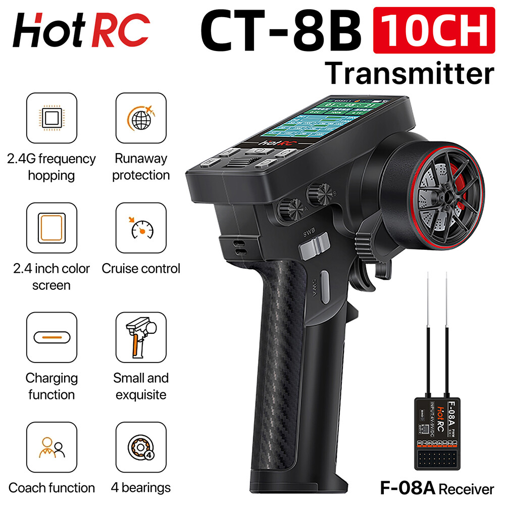HotRC Transmitter CT-8B 10CH 2.4GHz Radio System Remote Controller with F-08A PWM GFSK Receiver for RC Car Boat Model Harga 160 Ringgit*Penghantaran Percuma