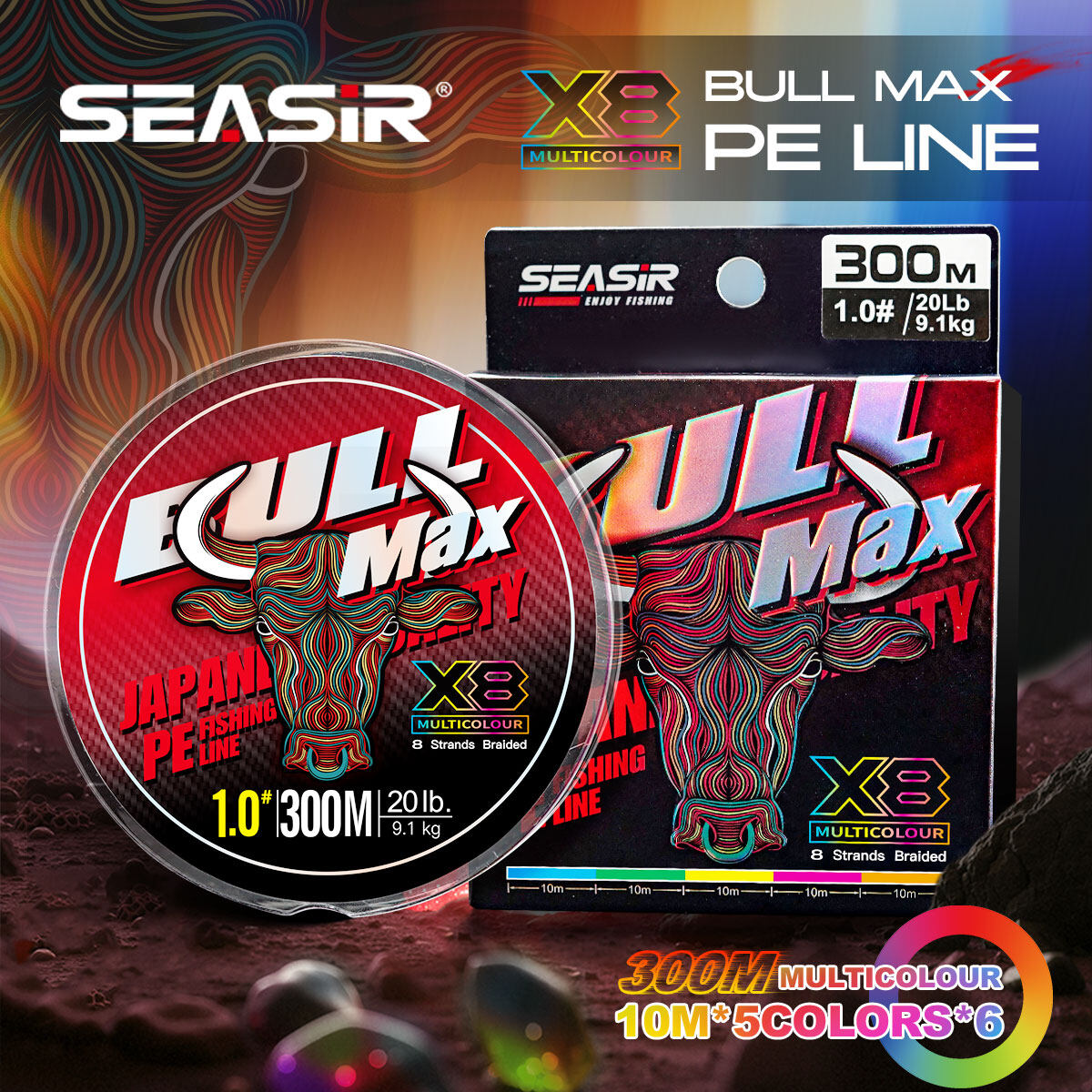 Seasir Bull Max 8 bện chất lượng Nhật Bản PE Nhiều màu dây câu 0.8-6.0 300M (10m * 5 màu * 6) 15-70lb cao stength Câu cá trên biển dây chính