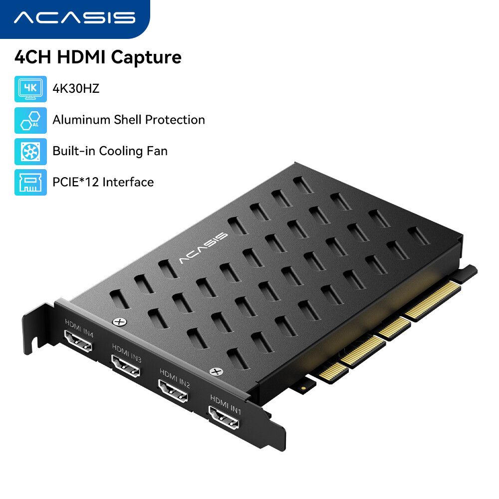 Acasis Quad 4K HDMI Capture Card | 4-Channel 4K30Hz/1080P60Hz PCIe X16 for Multi-Camera Live Streams, Studios & Concert Events | OBS/Multi-Card Sync Ready Harga 1,641 Ringgit*Penghantaran Percuma