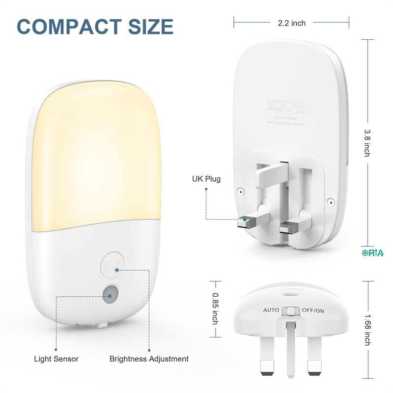 ORIA Plug-in Night Light 2PCS Dimmable LED Night Lamp with Dusk to Dawn Auto ON/OFF Lighting Sensor Soft Eye-protective Wall Light for Bedroom Stairs Hallway Basement