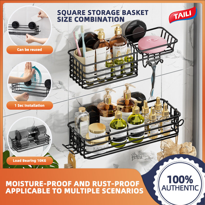TAILI Shower Rack Suction Cup 2-Pack with Hooks and Soap Holder, Heavy Duty Shower Storage Rack for Bathroom, No Drilling Black Shower Rack, Suitable for Shower Rack, Black Metal Shower Rack ราคา 474 บาท*ส่งฟรี