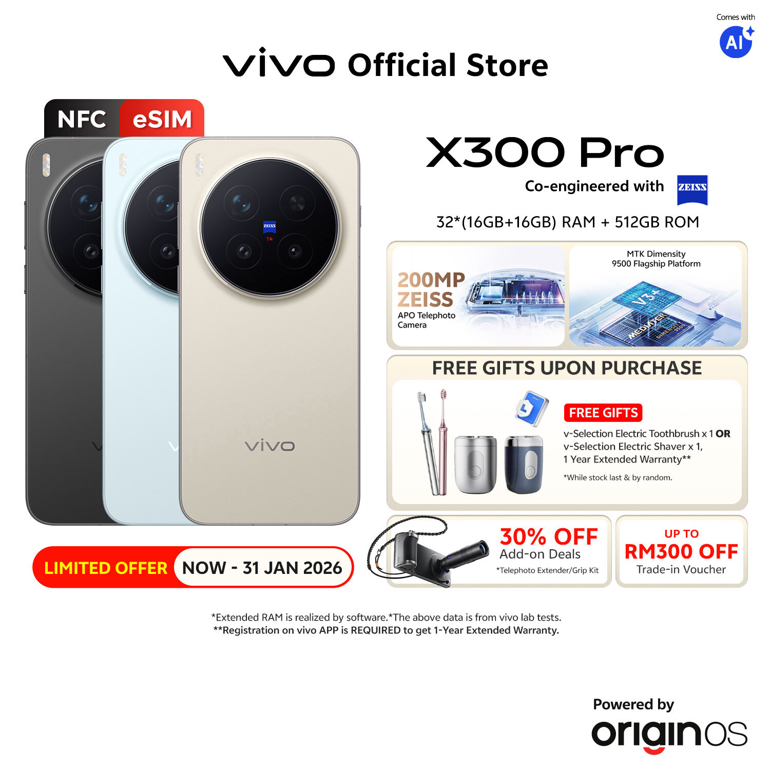 【Best Selling】vivo X300 Pro 32*(16+16)GB RAM +512GB ROM | MTK Diamensity 9500 Processor | ZEISS 200MP Main Camera | Sony 50MP Super Telephoto | 6040mAh Battery + 90w FlashCharge | 6.31inch mini ZEISS Master Colour Display | IP68+69 | NFC eim Harga 4,863 Ringgit*Penghantaran Percuma
