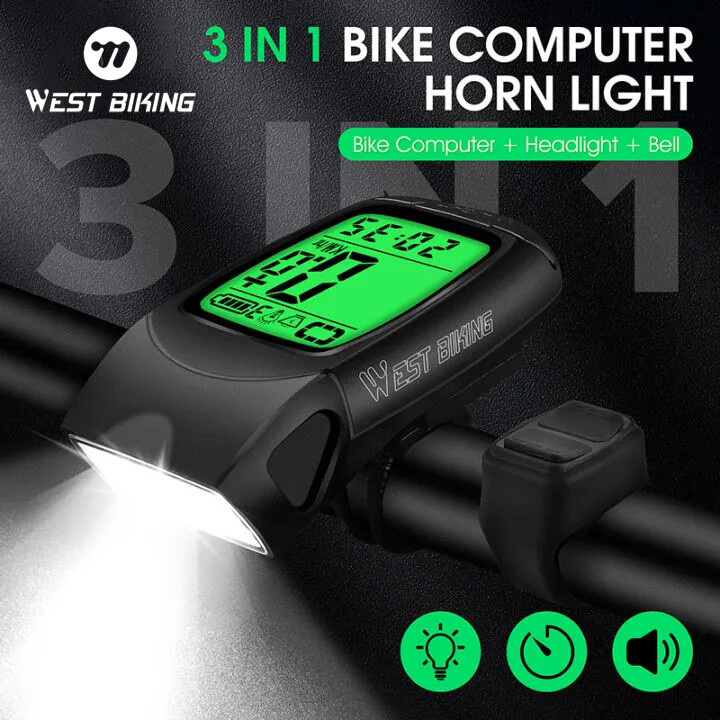 West biking đèn đèn xe đạp máy tính 3 trong 1 đèn đầu xe đạp bộ chuông có thể sạc qua usb đèn trước xe đạp với còi đồng hồ tốc độ 100 decibel đèn pin led phụ kiện xe đạp