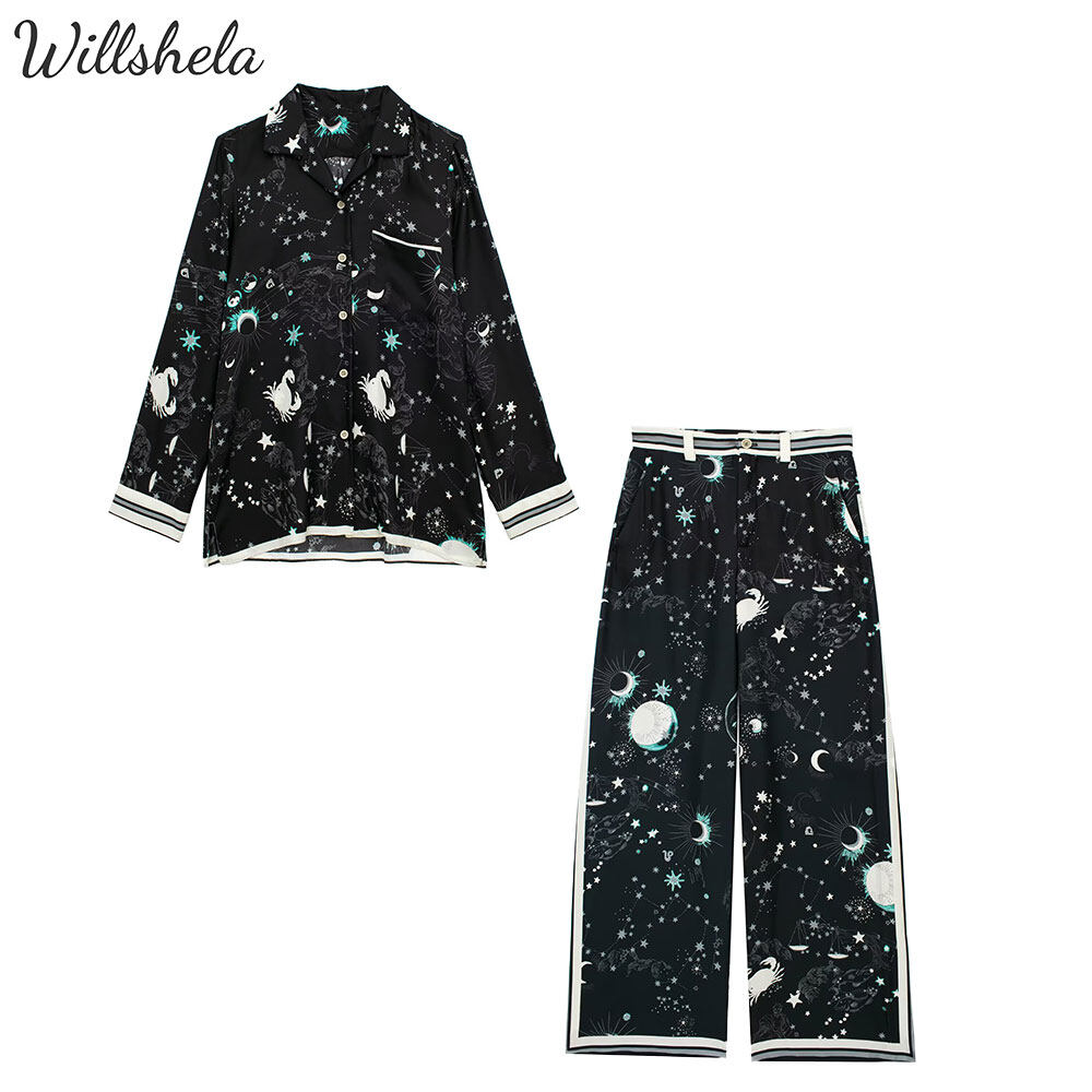 Willshela Women Fashion Satin Textured 2 Pieces Sets Printed Shirt And Trousers High Waist Female Chic Lady Casual Vintage Tops Blouse And Long Pant