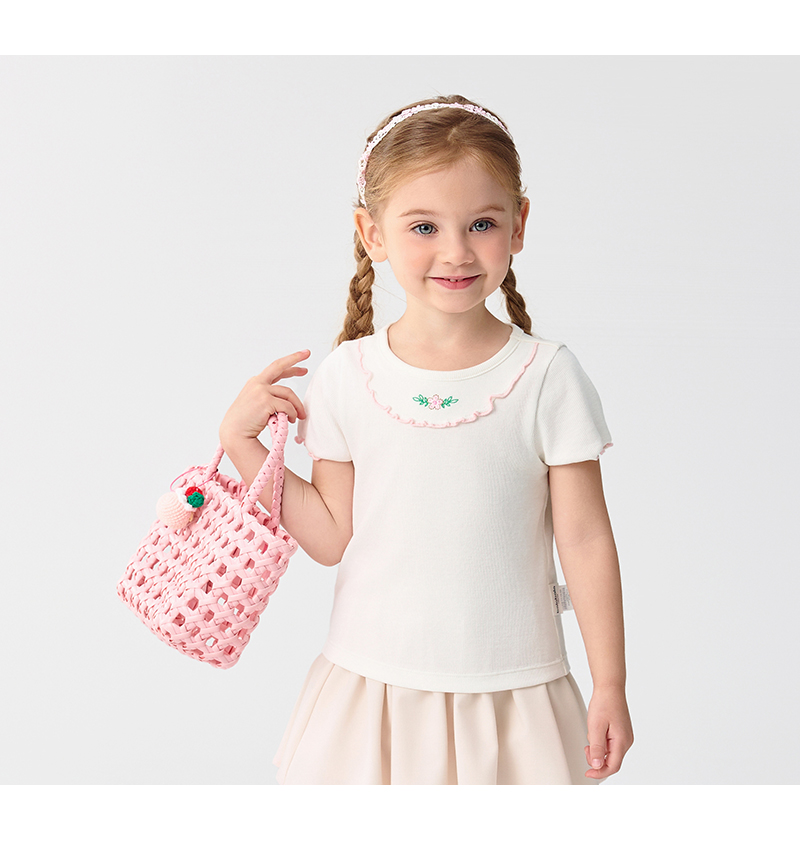balabala Children Baby Short Sleeve Girl T-Shirt Children Top 2025 New Summer Shoulder-Fit Inner Wear Embroidered T-Shirt · v5