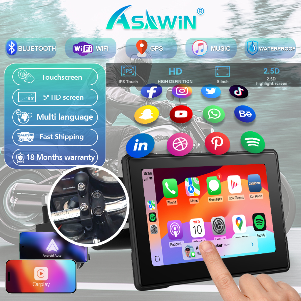 Motorcycle Carplay Screen Android AutoWireless Apple CarPlay G.PS Navigation for Motorcycle 5 inch Waterproof Touch Screen Dual Bluetooth Support Siri/Google voice control ราคา 2,139 บาท*ส่งฟรี