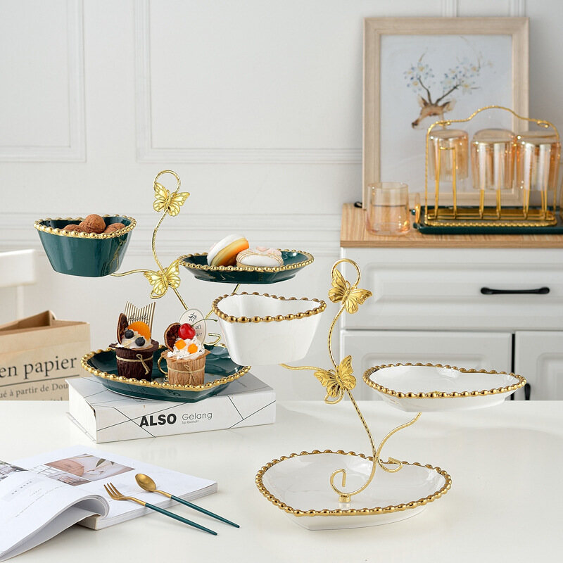 Gambar Multi layer Ceramic Fruit Plate Phnom Penh Forked Afternoon Tea Dessert Table Home Living Room Candy Table