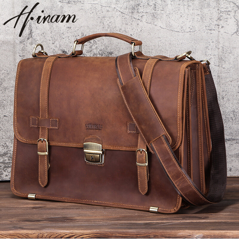  Hiram da thật Cặp Đeo Vai Túi Nam Nam Túi xách tay doanh nhân ngựa điên da cho 14 inch máy tính xách tay 