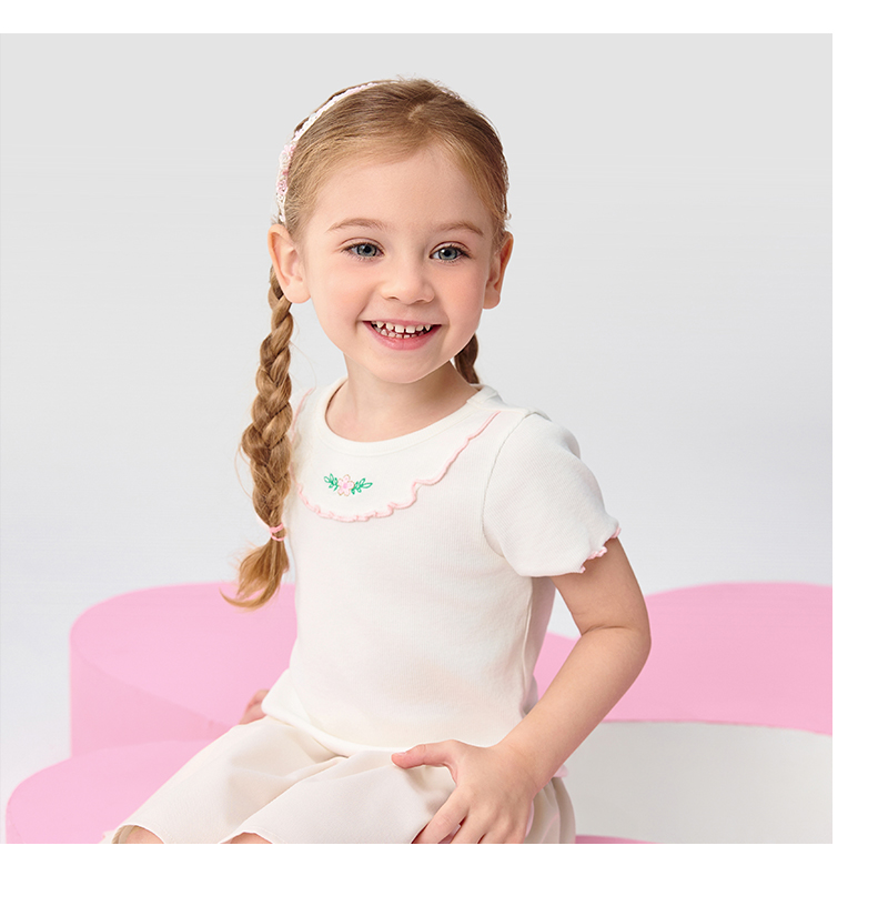 balabala Children Baby Short Sleeve Girl T-Shirt Children Top 2025 New Summer Shoulder-Fit Inner Wear Embroidered T-Shirt · v5