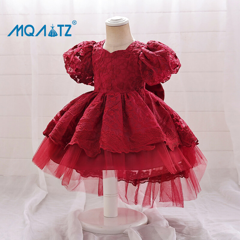 Mqatz Váy xòe cho bé gái một năm Váy dự tiệc sinh nhật váy xòe ren hoa màu hồng màu đỏ quần áo vải tuyn baptiam nơ sơ sinh t2123xz
