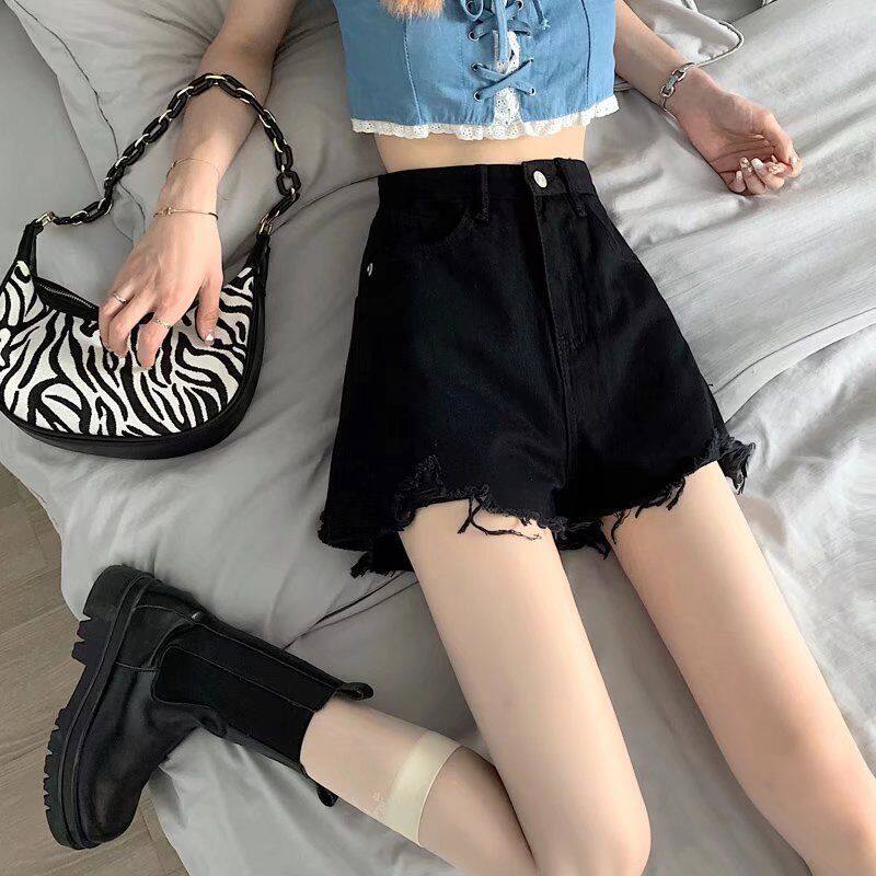 Large size denim shorts women's summer hot girl 2022 new thin loose and thin A-line raw edge black high waist hot pants