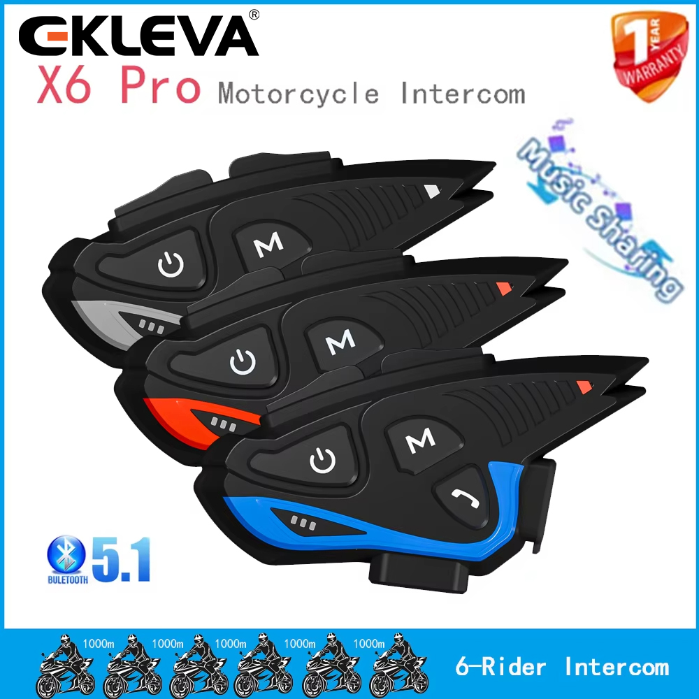 EKLEVA 1 Pcs Motorcycle Intercom Music Sharing Helmet Bluetooth Headset For 6 Rider 2000M Full Duplex Interphone Noise Reduction FM IP65 ราคา 1,913 บาท*ส่งฟรี