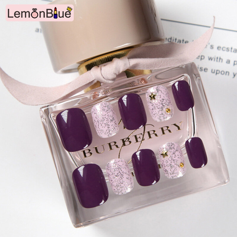 Gambar LemonBlue 24pcs Set Dark Purple Light Pink Star Décor Girl Fake Nail Short Square Head Full Cover Art False Nails with Glue