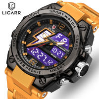 LICARR นาฬิกาดิจิตอลเรืองแสงลำลองสำหรับผู้ชายนาฬิกาทหารกันน้ำได้มีนาฬิกากีฬาแสดงผลแบบคู่ปฏิทิน Jam Tangan Elektronik และนาฬิกาปลุก