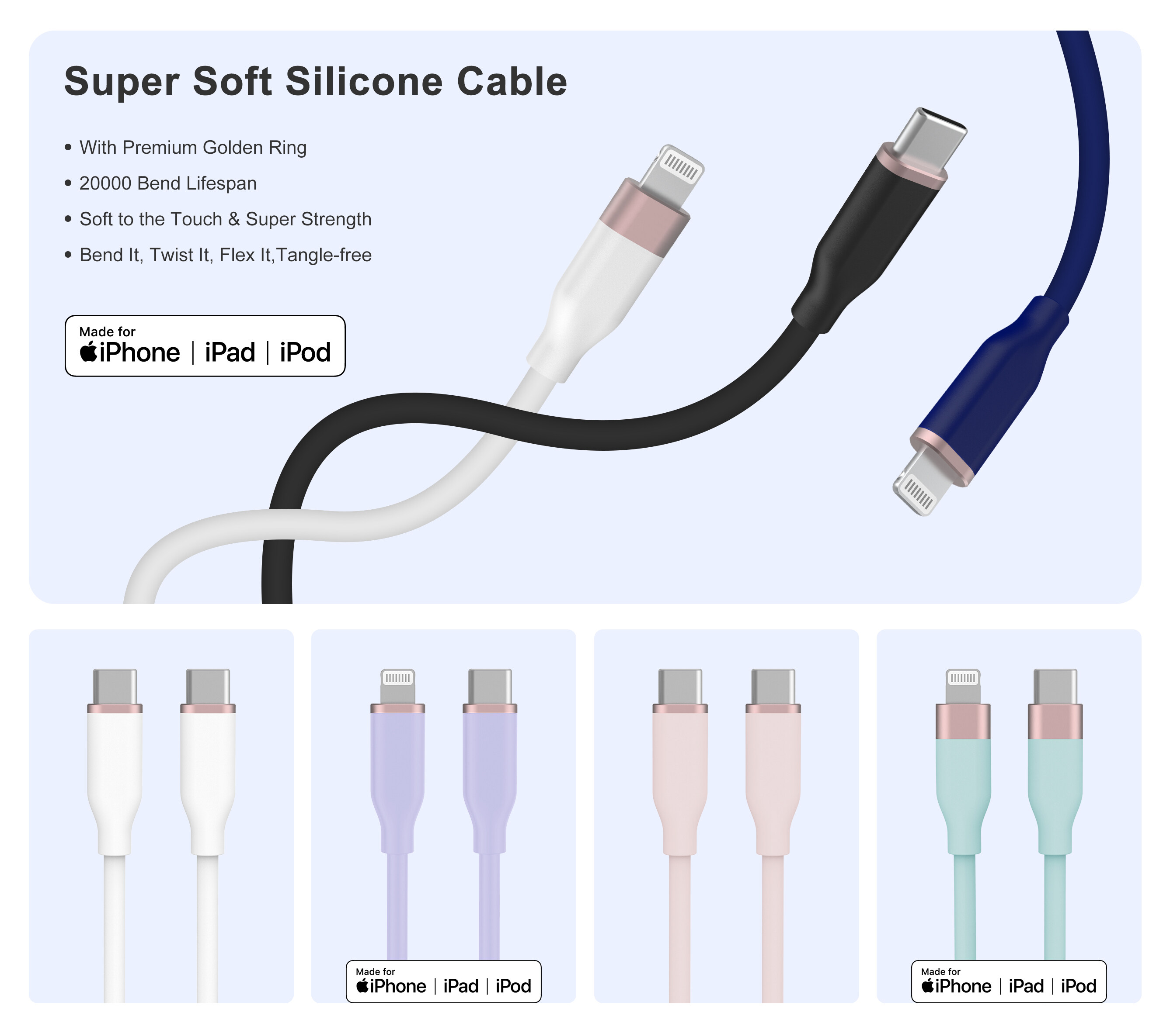 Câbles de cordon de Type C de câble de charge rapide de Silicone liquide de TPE pour la série d'android et d'iphone 15_voghion.com