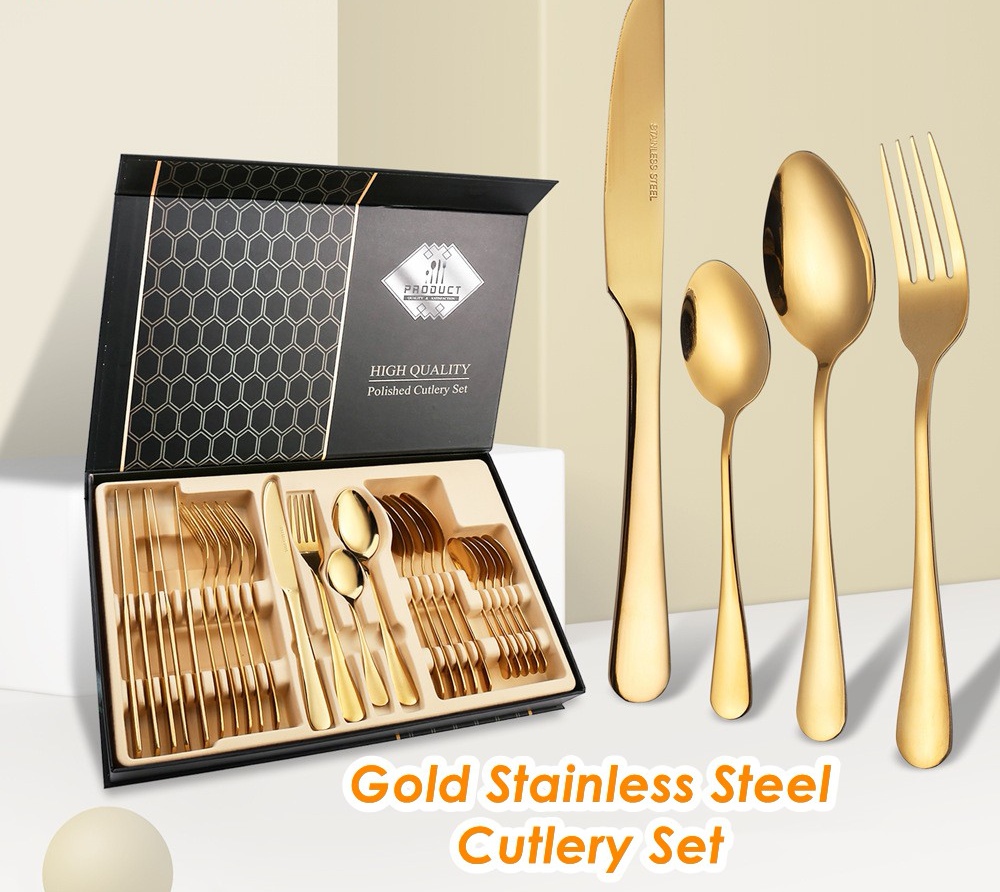 Gambar 24pcs High Quality Premium Gold Stainless Steel Luxury Cutlery Utensil Set with Premium Gift Box