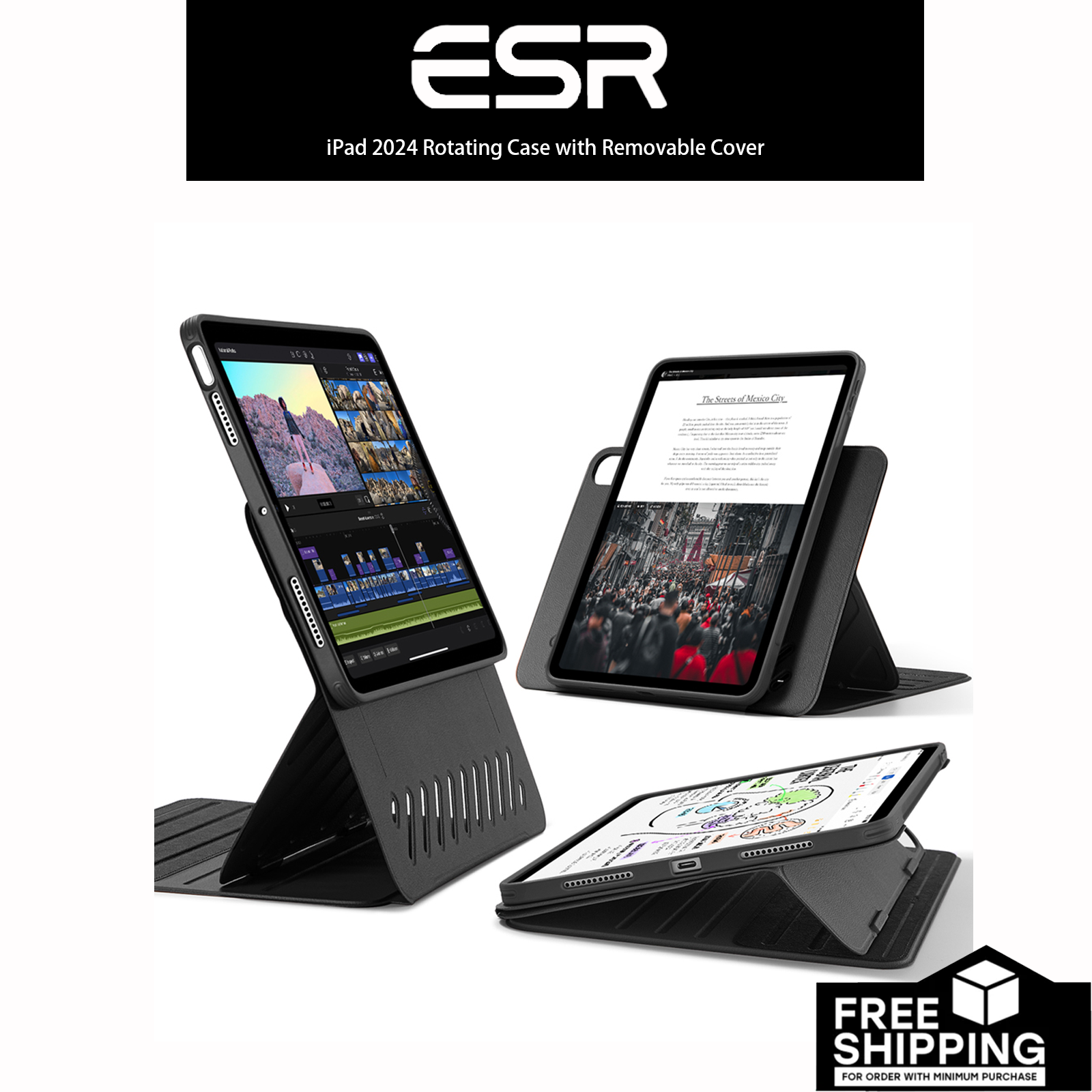 Esr cho iPad Pro 13 inch trường hợp M4(2024), iPad Pro 13 vỏ xoay với nắp có thể tháo rời, có thể điều chỉnh chân dung/phong cảnh đứng với xem màn hình nâng lên, 9 góc đứng, thay đổi loạt