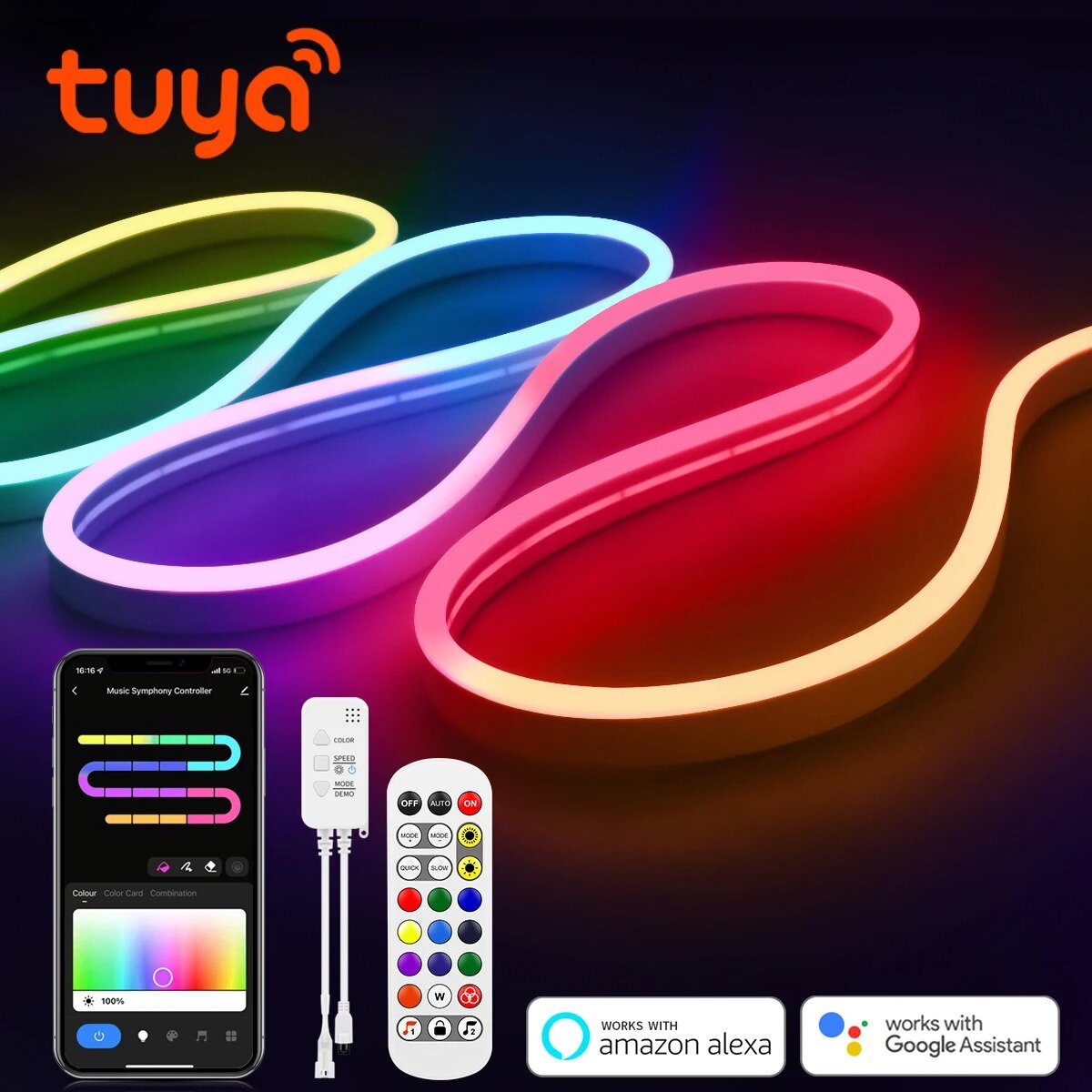 Tuya ไฟแถบไฟนีออน Wifi อัจฉริยะ24V หรี่แสงได้ RGB เพลงไฟ LED เทปปากการูปหัวใจห้องนอนอุปกรณ์ตกแต่งสวนกลางแจ้ง