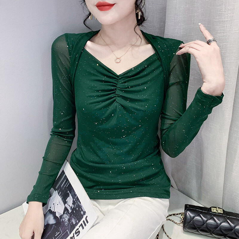 Yimei 2023 dáng ôm mới mùa thu underlay tay áo dài lưới T-Shirt thiết kế ý nghĩa v-cổ mạ vàng lấp lánh màu tím hàng đầu