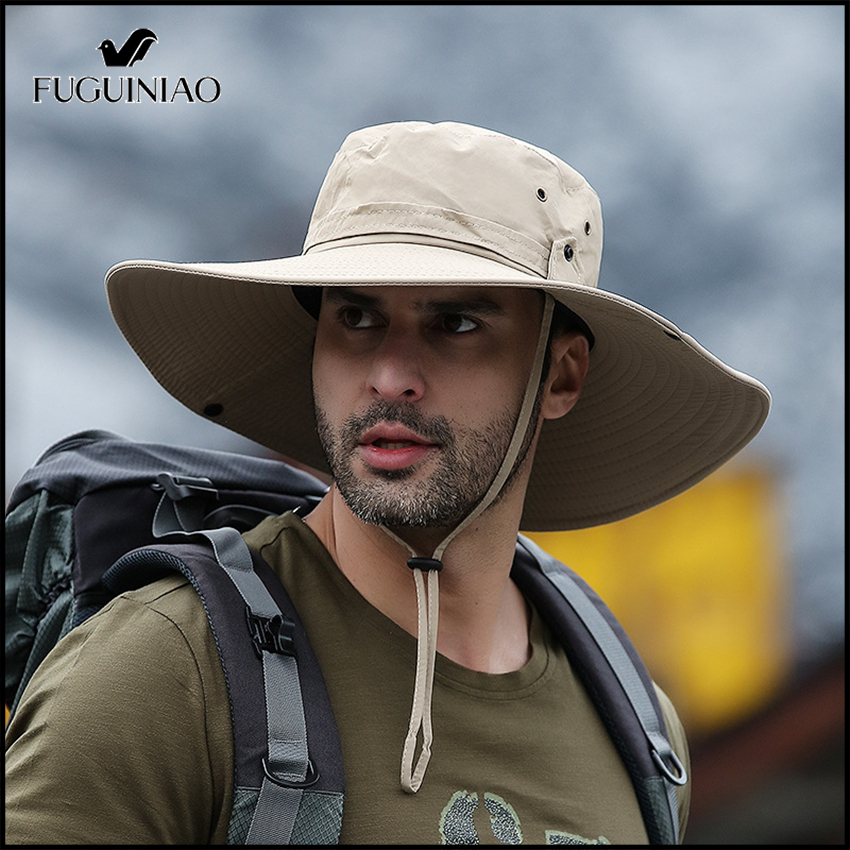 FUGUINIAO Fashion Summer Bucket Hat Cowboy Men Outdoor Fishing Hiking Beach Hats Mesh Breathable Anti UV Large Wide Brim Sun Cap ราคา 230 บาท*ส่งฟรี