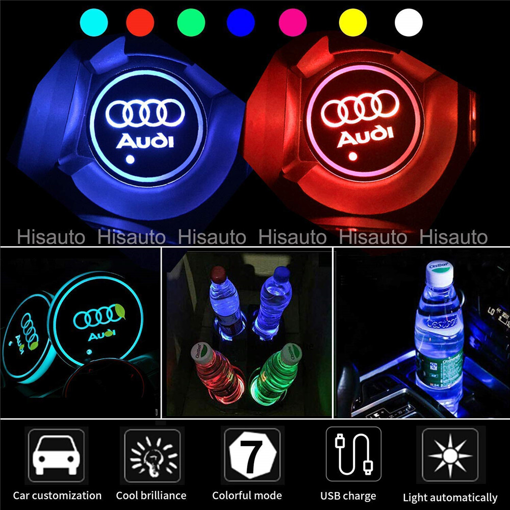 LED Car Cup Holder Lights for Audi 7 Colors Changing USB Charging Mat