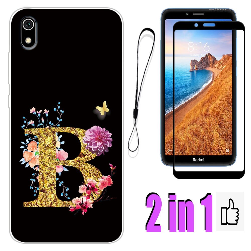 IN Redmi 7A Phone Case with Tempered Glass Ceramic Protector Screen  Curved Tempered Film Letter Pattern