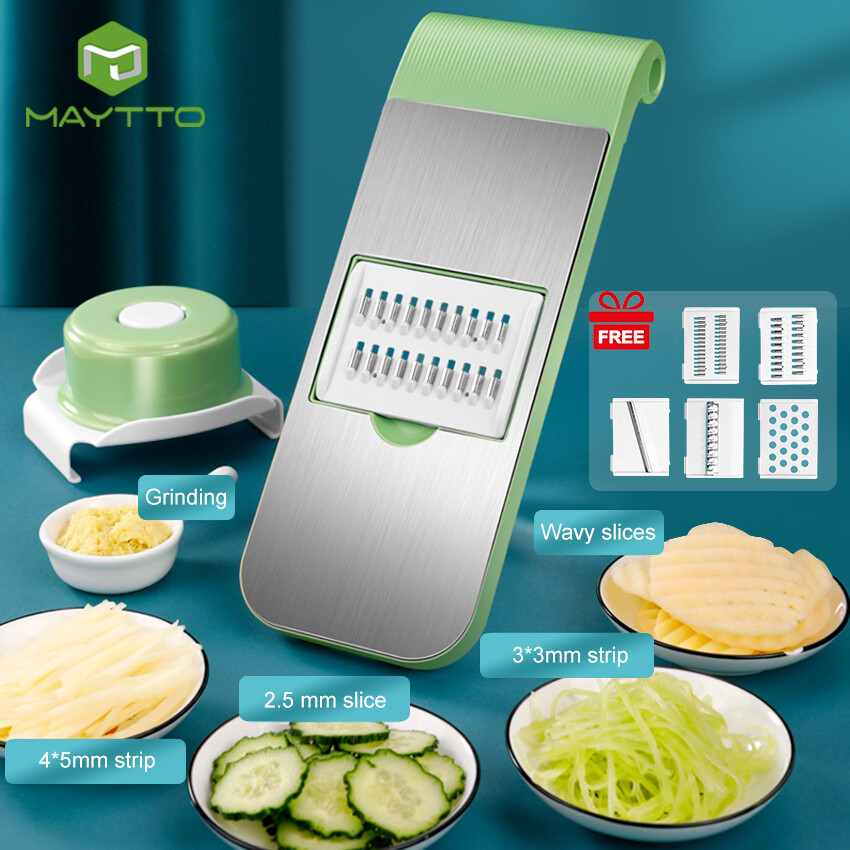 Maytto dụng cụ cắt thái rau củ dụng cụ nạo dụng cụ cắt thái thực phẩm bộ dụng cụ bảo vệ tay dụng cụ nhà bếp dụng cụ nhà bếp phụ kiện lưỡi dao không gỉ sét bằng thép không gỉ với 5 lưỡi dao có thể tháo rời và hộp đựng