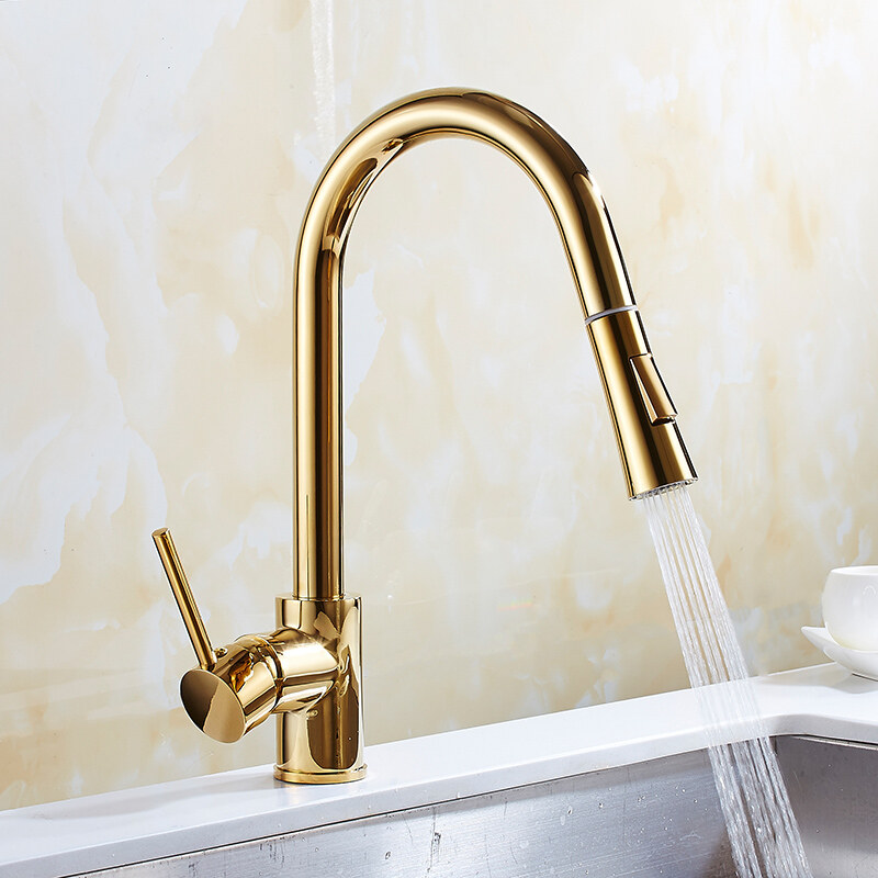 Vàng Nhà Bếp Kéo Ra Vòi Bạc một tay cầm Nhà Bếp Nóng Và Vòi nước lạnh lỗ đơn Xoay vòi nước nóng lạnh Mixer Tap Chrome/Nickel