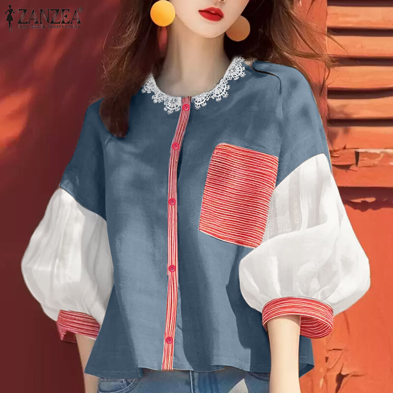 ZANZEA Korean Style Women Girlish Half Sleeve Top Single-Breasted Contrast Color Lapel Shirt #241120 ราคา 257 บาท*ส่งฟรี