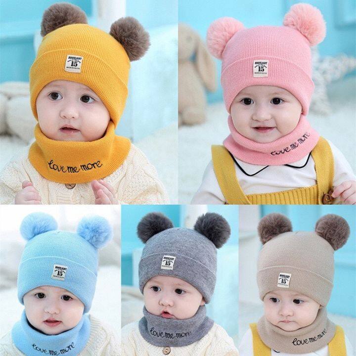 2Pcs Set Baby Knitted Hat Scarf Set Bear Cat Warm Knitted Baby Winter Hat