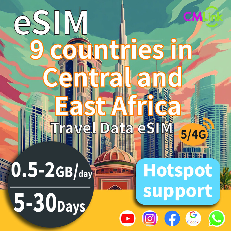 Nine countries in Central and East Africa Travel Data eSIM Card  (5-30Days, 0.5GB/1GB/2GB Daily High-Speed Data+Hotspot,QR Code Sent to Your Email) - Jenama CMLink Harga 166 Ringgit*Penghantaran Percuma