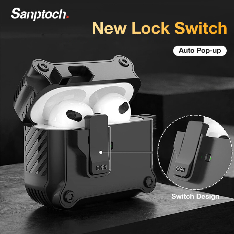 【Auto Pop-up】Sanptoch Lock Switch Case For Airpods 4 / Pro2 / Pro / 3rd / 2 / 1 Military Armor Shockproof Protective Casing Wireless Earphone Full Cover With Keychain ราคา 143 บาท*ส่งฟรี