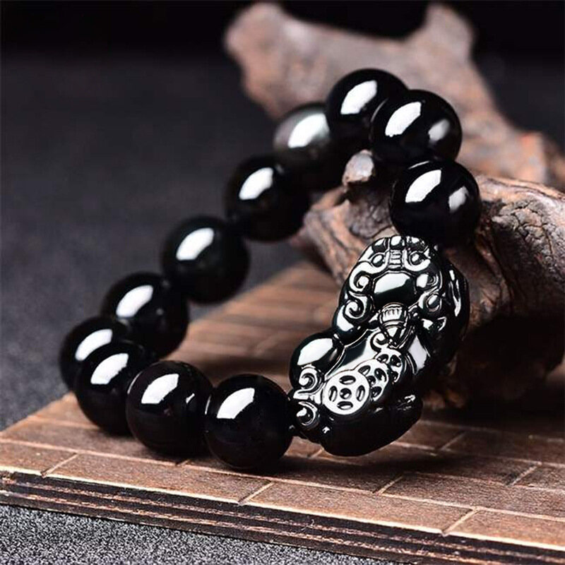 Vòng tay nam nữ da đen Pixiu có giấy chứng nhận tiền đá thuỷ tinh núi lửa tự nhiên giàu có