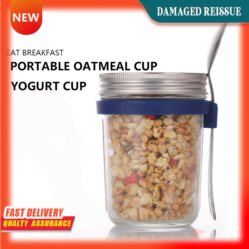 Gambar Overnight Oatmeal Cup Light Breakfast Cup Glass with Lid with Spoon Sealed Cup Portable Yogurt Cup Cereal Cup Mason Cup