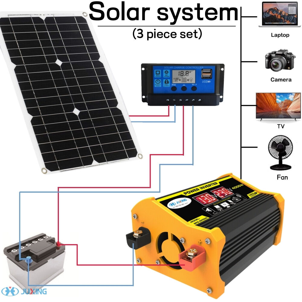 JUXING Hệ thống năng lượng mặt trời Biến tần điện 6000W+Bảng điều khiển năng lượng mặt trời 25W+Bộ điều khiển sạc năng lượng mặt trời 30A DC12V đến AC220V Biến tần điện cho nhà ngoài trời