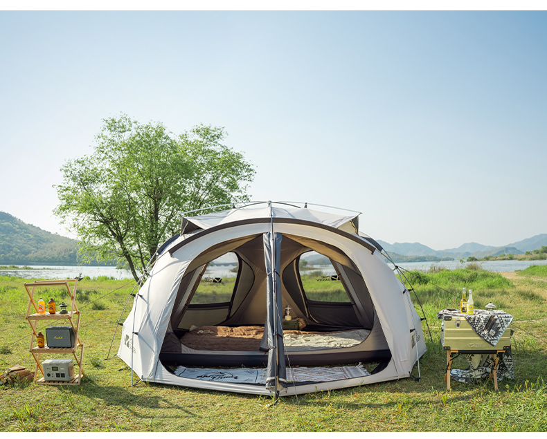 MOBI GARDEN Buitencamping Familietent Royal Castle voor glamping, zonnebrandcrème voor grote ruimtes
