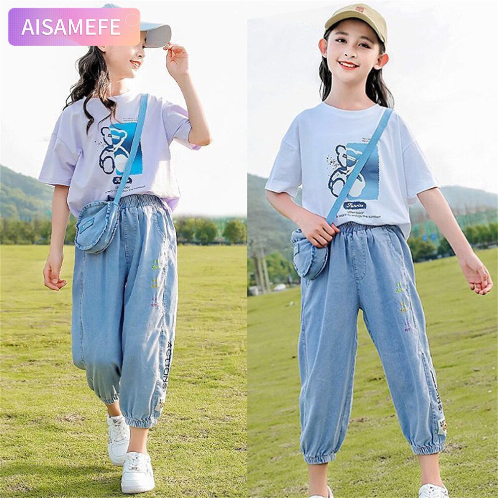 Aisamefe Girls Summer Bear Pattern Vitality Sports Set 2023 New Leisure Travel (T-Shirt+Jeans) ราคา 478 บาท*ส่งฟรี