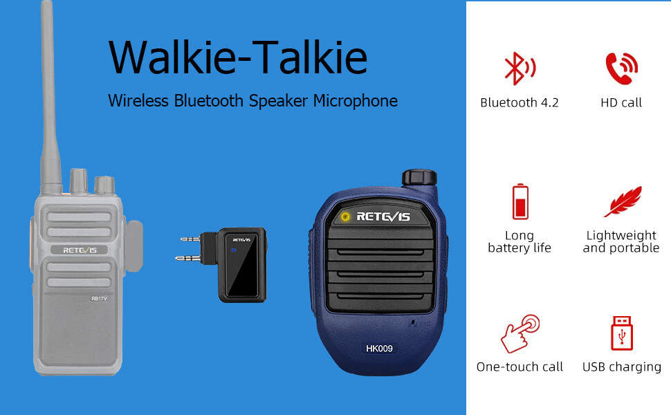 Retevis HK009 Bluetooth Walkie Talkies Mic, Wireless Bluetooth Handheld  Speaker Microphone Suitable for Retevis RT5R RT1 RB637 Baofeng UV-5R  888S,V4.2 Bluetooth, 892mAh（Bluetooth Microphone/Adapter） Lazada