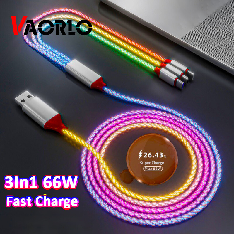 Vaorlo cáp phát sáng 3 trong 1 66w cáp dữ liệu siêu sạc cho micro usb 8pin type-c 6a usb-c sạc nhanh 2.4a lightning rgb dây sạc điện thoại cho android xiaomi huawei