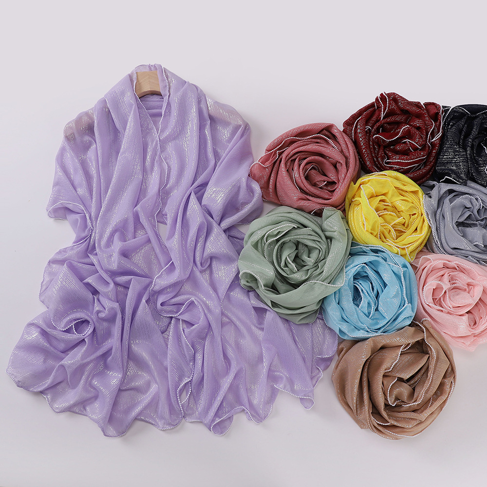 Jifang lấp lánh vàng sáng bóng dây bạc bắt chước lụa Pashmina khăn trùm đầu khăn choàng khăn choàng đầu beading hai mặt voan Khăn trùm đầu hijab hồi giáo khăn choàng tudung pw14