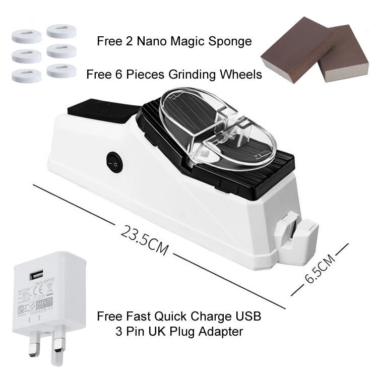Gambar Upgraded Electric High Power Knife Scissors Sharpener, Automatic Grinding Machine , Come with Free High Quality Fast Charging Malaysia 3 Pin USB UK Plug , Free 2 Nano Magic Sponge   Free 6 Pieces Grinding Wheels