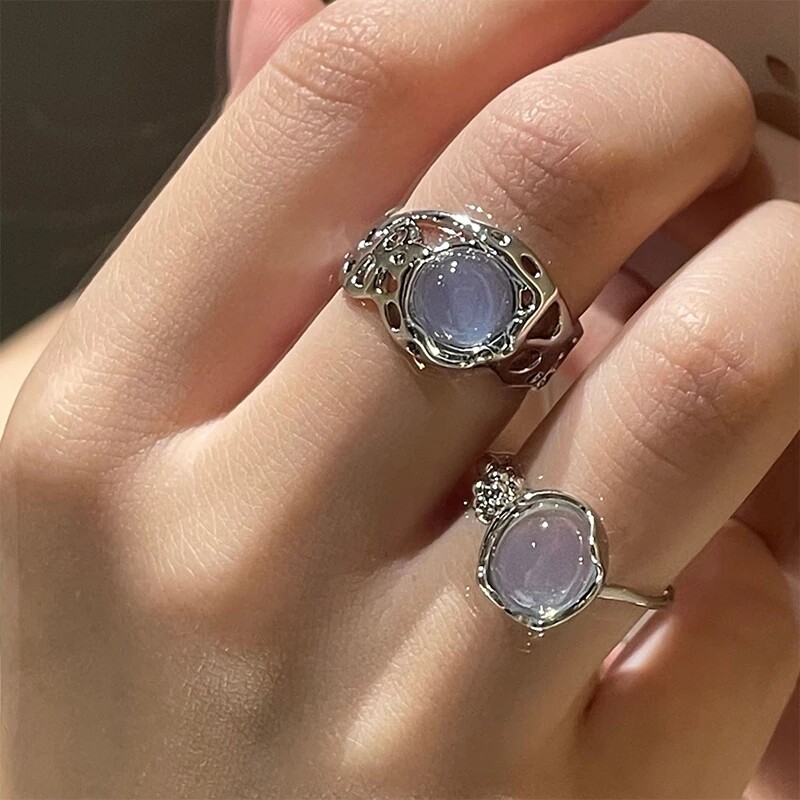 Nhẫn đá tự nhiên bất đối xứng opal với nhẫn rỗng egirl thẩm mỹ opal màu trắng cho nữ