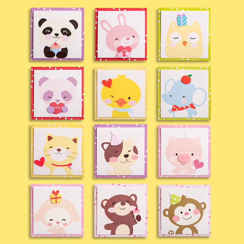 Kawaii Cartoon Animal 3D Greeting Card with Colorful Dot Envelope Creative Pop-Up Gift Card