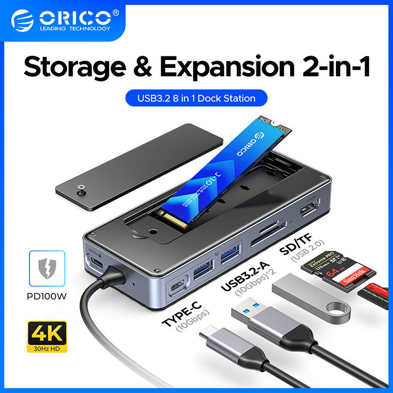 ORICO M.2 SSD bao vây với trạm nối USB C 10Gbps Pd 100W RJ45 SD/TF 4K HDMI cho máy tính xách tay âm